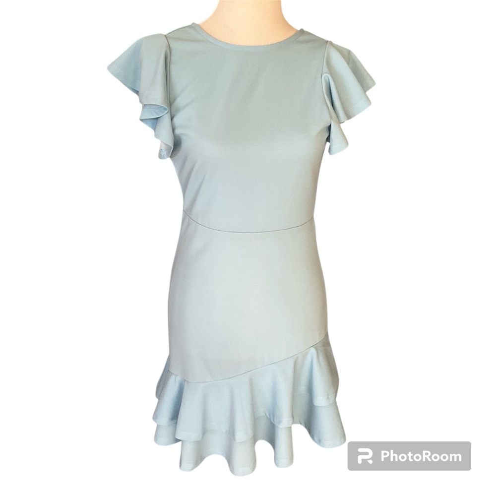 Light Blue Flutter Sleeve Asymmetrical Flounce Hem Dress XS